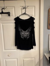 Harley-Davidson Women's Black Cold Shoulder Long Sleeve Top Size M Bling Logo  picture