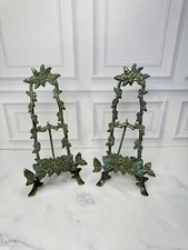 Vintage Pair of Brass Easels Floral Rose Green Verdigris Ornate Baroque Style 9” picture