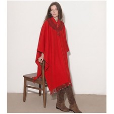 Vtg Molina Women's OS Poncho 70s Aztec Mayan Embroidery Fringe Red Prairie Boho picture
