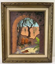 June Wagoner Signed Mid Century Painting Mexican Patio Zimapan Framed 27x23 Vtg picture
