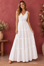 Women's White Lace Trim Tiered Maxi Dress V-Neck Sleeveless Cotton Sundress picture