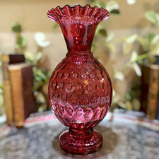 Vintage Fenton Large Cranberry Art Glass Vase Optic Dot Thumbprint 10.25”h picture