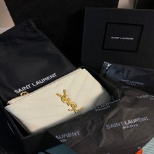 YSL Cassandre Zippered Key Pouch White Grain Leather Gold Logo With Box & Dust picture