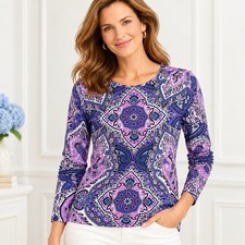 NWT Talbots The Talbots Tee Medium Purple Paisley Medallion Long Sleeve NEW picture