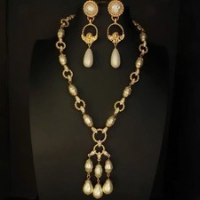 Vintage Pearl Statement Necklace Set French Estate Gold Wedding Jewelry picture