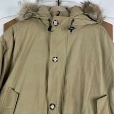 VTG Woolrich Coat Mens 3XL Tan Full zip Button Fur Hood Goose Down Insulated USA picture