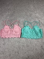 New Zenana 2 Lace Bralettes Elastic Back Adjustable Strap Size 2X Pink Green picture