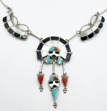 Zuni Sun Face Necklace Marked R. Lateyice Turquoise Onyx Mother of Pearl 925 picture