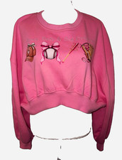 BP. Pink Graphic Print Crewneck Fleece Pullover Sweatshirt Long Sleeve L picture