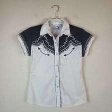 VTG Panhandle Slim Shirt Sml Cream Black Embroidered Pearl Snap Western Cowgirl picture