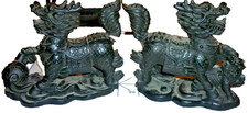 Pair Vintage Chinese Molded Black Resin Qilin Kirin / Dragon Horse Statues picture
