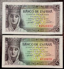 Spain España 5 Pesetas February, 13. 1943 Uncirculated 2 Banknotes picture