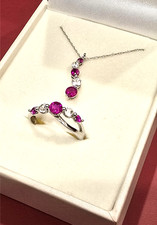 Vintage 10K White Gold Red White Sapphire Ring Pendant Necklace Set Sz 6.5 picture