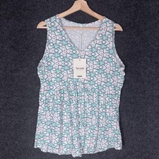 New Tencede Blouse Women L White Geometric V-Neck Sleeveless Wide Strap Top picture