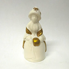 Vintage Gonder Pottery Sovereign Figural Hand Bell Colonial Lady Gold Trim 3.5