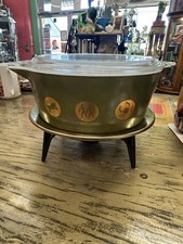 Rare VTG Pyrex Zodiac 475-C 30 Green Casserole w/ 475-C Lid & Cradle Stand picture