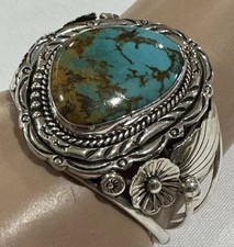 Gorgeous ROYSTON Sterling Silver NAVAJO Squash Blossom CUFF BRACELET Signed picture