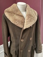 RARE 1910s Belt-Back Shearling Collar Overcoat By Acme 40R Wool Leather Lined picture