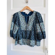 The Great Floral Corduroy Patchwork Top Navy Blue Puff Sleeve Blouse Size 0 XS picture