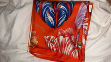 HERMÈS Orange Multicolor Floral Silk Satin Square Scarf with Logo Accent picture
