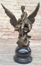 Nude Mermaid with Angel Bronze Masterpiece Sculpture Marble Base Figurine picture