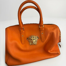 Versace Orange Pebbled Medusa Head Zip Satchel Top Handle Bag Gold Hardware picture