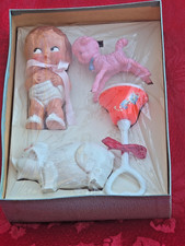 Vintage Celluloid Boxed Baby Toys Doll Rattles & Bank Original Damaged Box picture