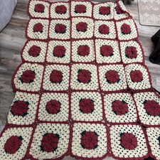 Vintage Handmade Crochet Knit 3D Rose Throw Blanket Granny Square 65”x 60” picture