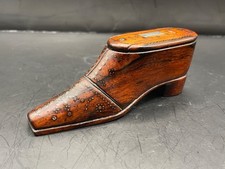 Shoe snuff box Antique 19th C Carved treen brass studs picture