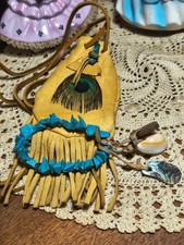 Vintage Native American Yellow Buckskin Leather Medicine Pouch Turqouise Boho picture