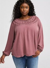 Torrid Plus 2X Rayon Twill Crochet Yoke Blouson Sleeve Top Burgundy Wash NWT picture