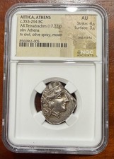 Attica Athens 353-294 BC Owl AR Tetradrachm - NGC AU Silver Athena Greek Coin picture