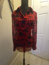 Notations Red Black Floral Sheer Checkered Button-Up Blouse Women’s L picture
