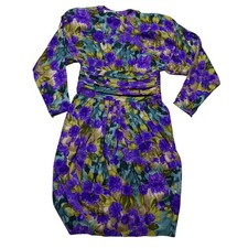 Vintage Maggy London Dress Womens 8 Purple Floral Silk Sheath 3/4 Sleeve 80s picture