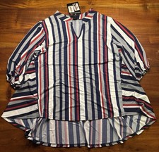 Lildy Womens Navy Striped Printed Bishop Sleeve Tunic Blouse Sz L-XL NWT picture