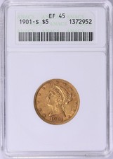 1901-S   LIBERTY  $5 GOLD ANACS EF45 picture