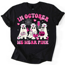 In October We Wear Pink Nurse Ghost Halloween Breast Cancer Awareness Unisex Tee picture