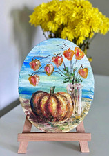 Hand Painted Impressionism Still Life Pumpkin & Flowers Painting Unframed picture