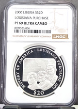 2000 LIBERIA SILVER 20 DOLLARS LOUISIANA PURCHASE NGC PF 69 ULTRA CAMEO RARE GEM picture