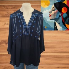 Adiva Women's Boho Embroidered Tunic Blouse Navy Blue V- Neck Sz M picture