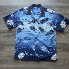 VTG 50's Malihini Hawaiian Aloha Loop Collar Shirt Gradient Floral Blue L USA picture