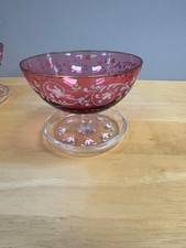 Moser Glass Bohemia Antique Cranbery Glass Hnad Painted Enamel Bowl & five cups picture