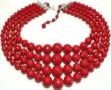 Vintage Jewelry Necklace Signed Hong Kong Multi Strand Beaded Bright Red Bib 25 picture