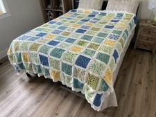 Vintage Hand Crocheted Granny Square Afghan Bedspread 91x80 Blue Green Yellow picture