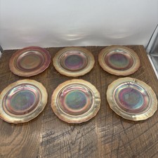 6 VINTAGE IRIDESCENT MARIGOLD DESSERT PLATES 6 INCH BOUQUET & LATTICE picture