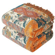Boho Throw Blanket, 100% Cotton, Woven Floral Pattern, 50
