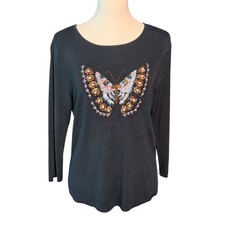 Vintage 90s Lucia Burns L Black Beaded Sequin Butterfly Sweater Top Hong Kong picture