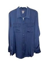 Chico's Blue Button-Up Blouse Long Sleeve Collared Pockets Size 2 or M/L.  picture