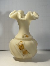 Vtg Fenton Custard Glass Scalloped Edge Hand Painted Flowers Vase Signed  Betsy picture