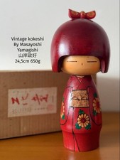 Masayoshi Yamagishi Red Floral Kokeshi Doll Ribbon 24.5cm Collectible 15+ picture
